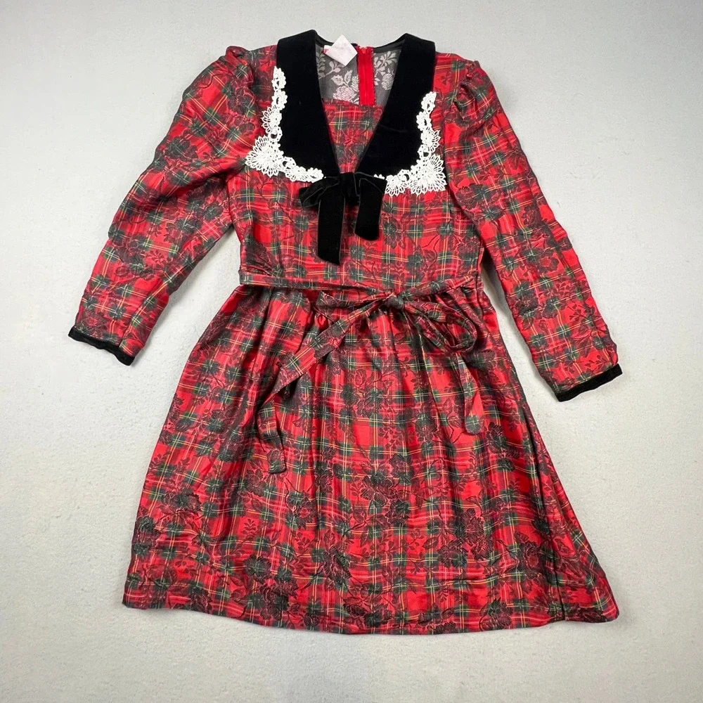 Polly Flinders Plaid Dress Girls 14 Red Velvet Lace Holiday Christmas Vintage